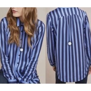 Maeve Anthropologie Blue Striped Button Down Shirt Long Sleeve Rayon Small